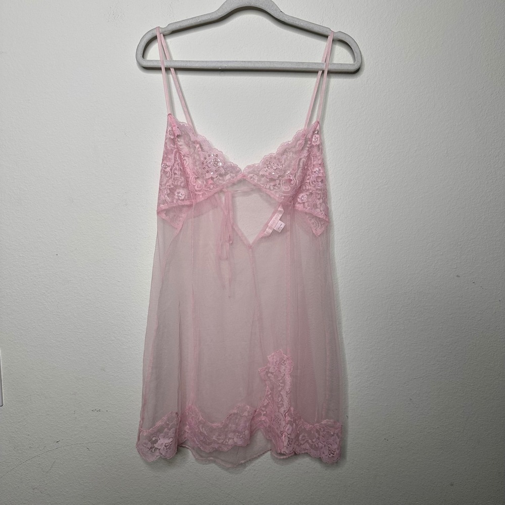 VTG Y2K Victoria's Secret Pink Lace Sequin Mesh Babydoll Chemise Lingerie Large